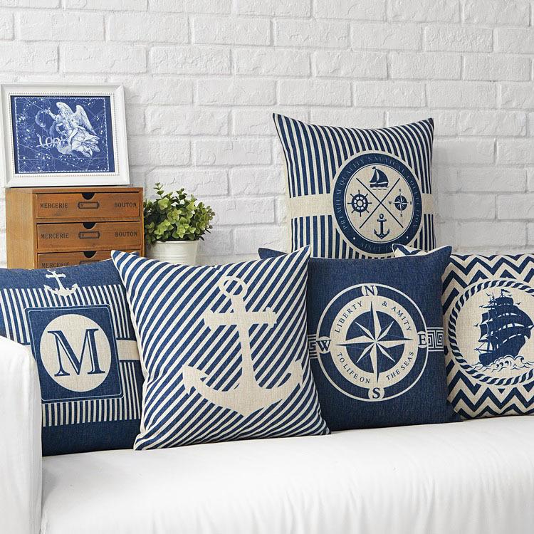 Creative Homewares Unisex Blue Mediterranean Sea Compass Anchor Pillow Cover Home Decorative Pillows Marine Ship Linen Pillow Case Cushion Cover