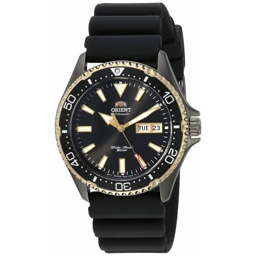 

Orient Men s Kamasu Stainless Steel Japanese Automatic Dive Watch, Two-Tone Black/Gold with Rubber Strap.