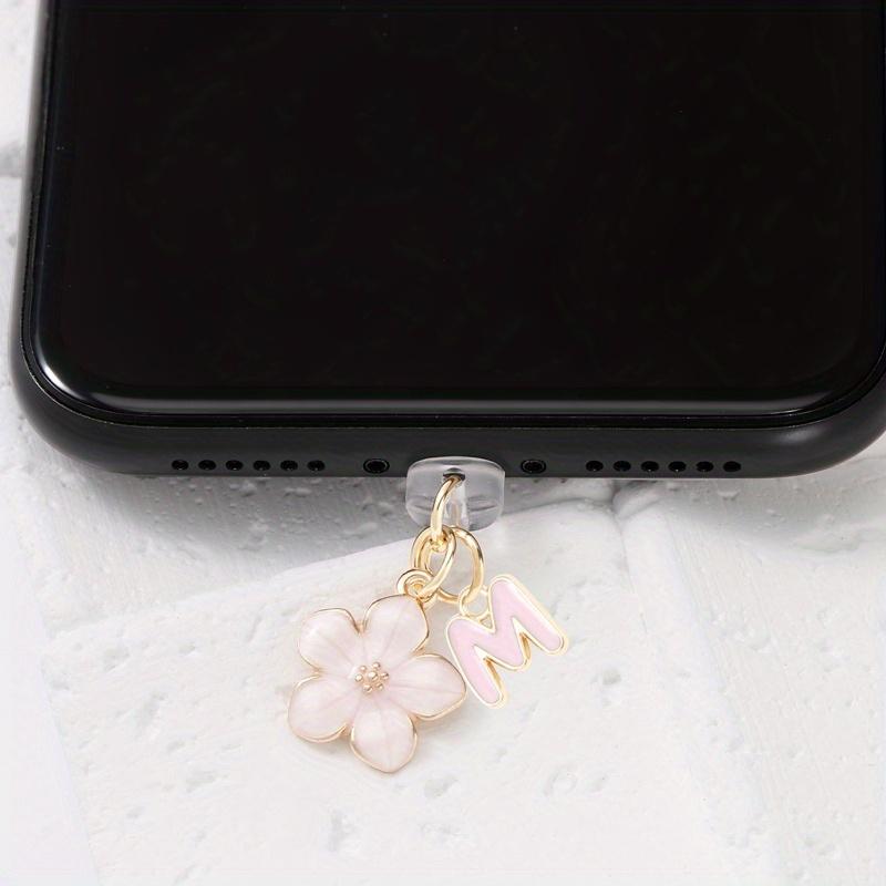 Fashionable Pink Flower Letter Phone Dust Plug, Exquisite A-Z Letter Alloy Pendant, Suitable As a Birthday Gift for Women