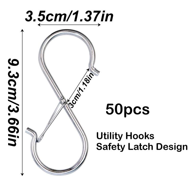 50pcs Heavy Duty S Hook with Safety Latch Design for Kitchen Bathroom Bedroom Hanging Pans Pots Coats Bags Plants Utility Hooks