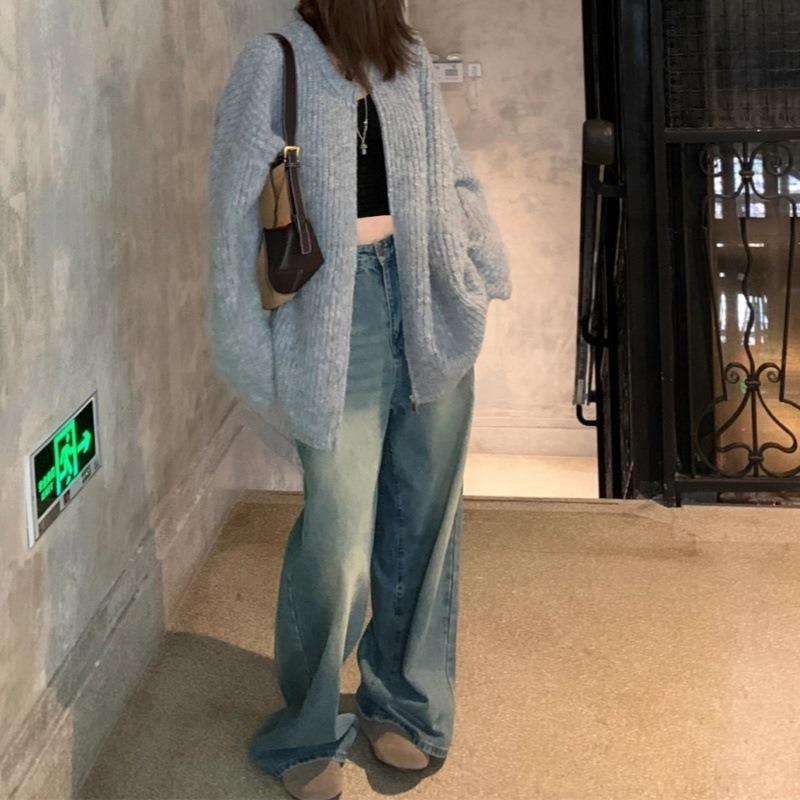 Crew neck zipper thickened knitted cardigan women's autumn and winter new loose lazy sweater jacket women