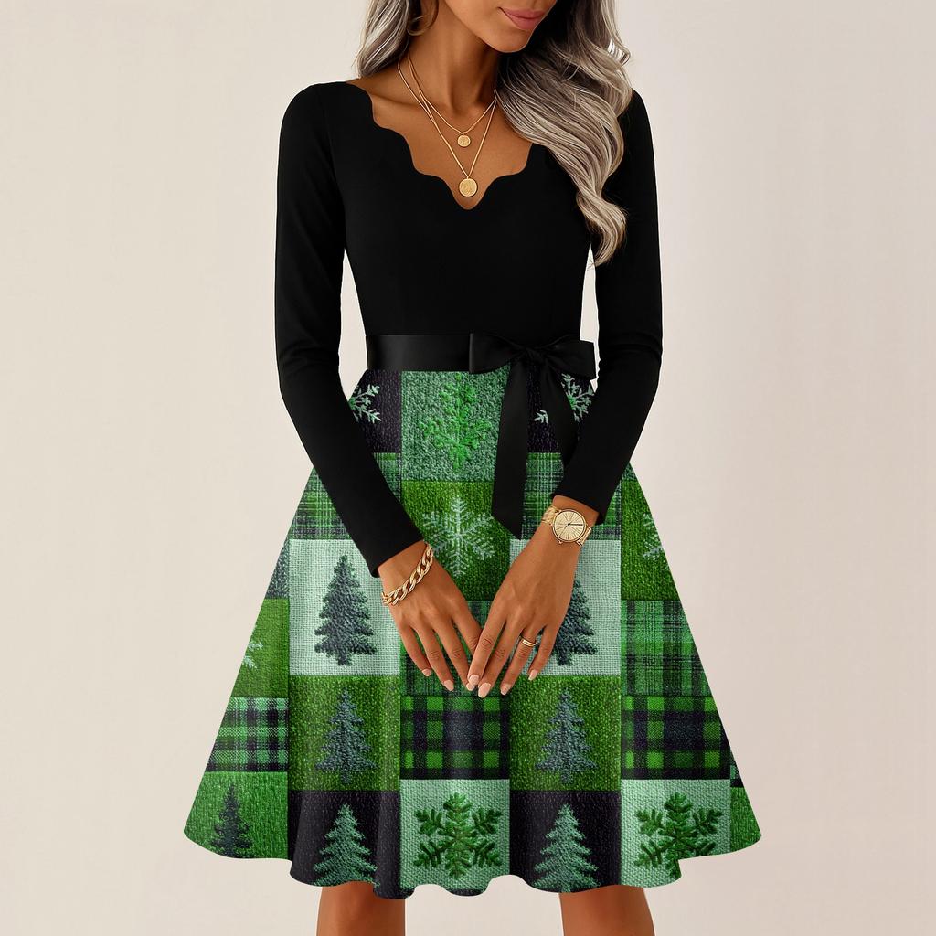 Women's Casual Fashion V-neck Long Sleeved Retro Christmas Print Retro Dress