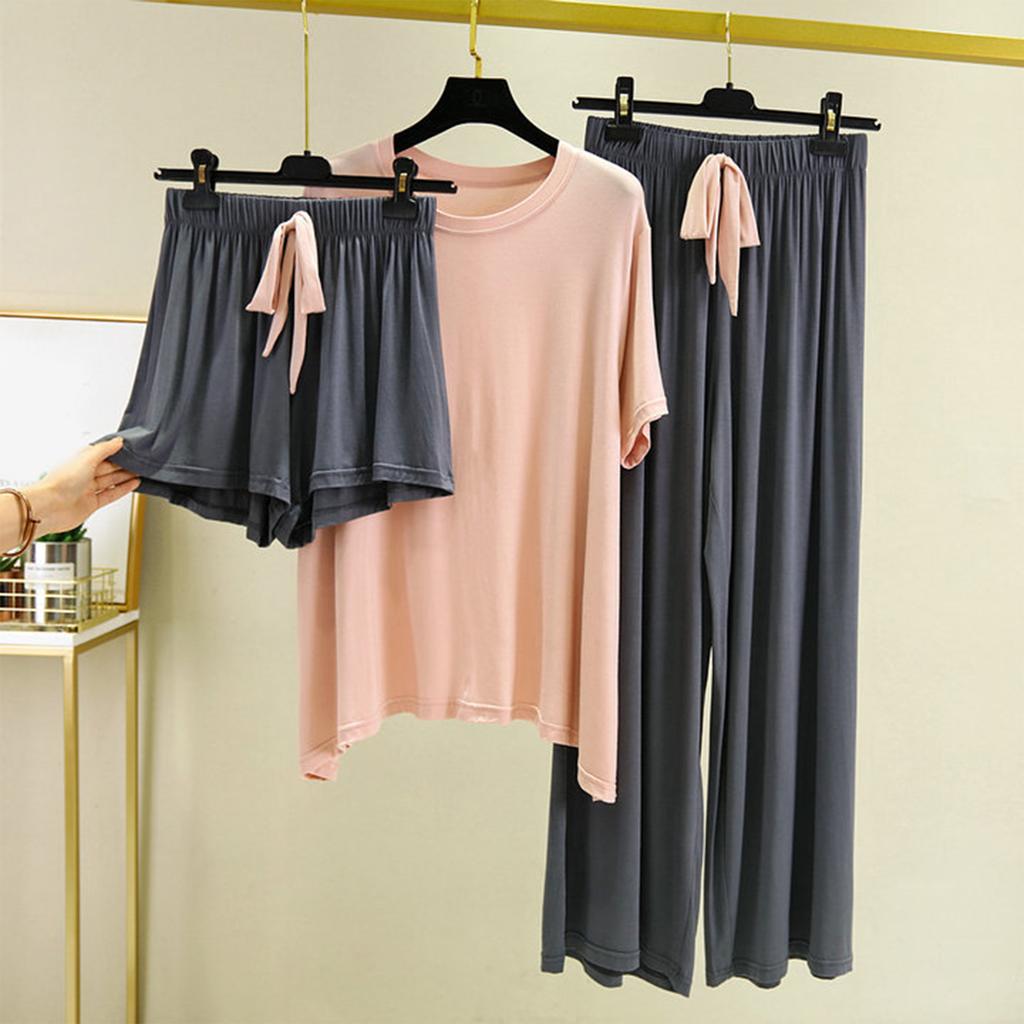 Damen Locker Lässig Rundhals Kurzarm T-Shirt Lange Hose Und Shorts Dreiteiliges Set Einfarbig Pyjama