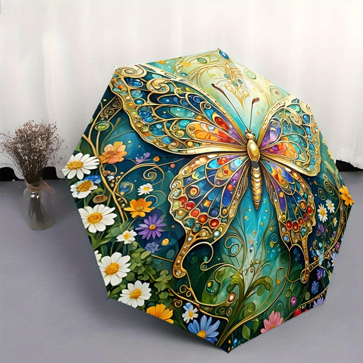 

Automatic Open/Close Umbrella with Jewel-Accented Butterfly Floral design - Teal Blue, Compact Folding Umbrella with 8-Rib Sha (as the picture,iron&8K)