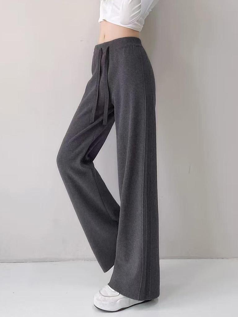 Women's Korean Style High Waist Wide-Leg Knit Pants - Autumn/Winter Fashion, Floor-Length, Straight-Leg Design