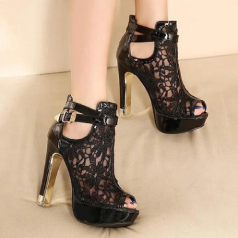 Fashion Fish Mouth Waterproof Platform High-heeled Sandals Mesh Breathable Zipper Buckle Metal Women's Shoes Nightclub
