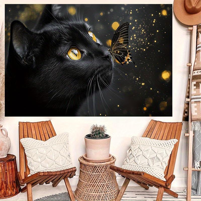 Black Cat Butterfly Glow Tapestry Animal Art Wall Hanging Mystical Decor Living Room Print