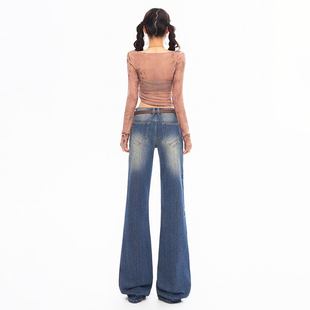 2025 Autumn/Winter Slimming Dark Blue-Gray Micro-Flared Jeans for Tall Women with Versatile Pattern