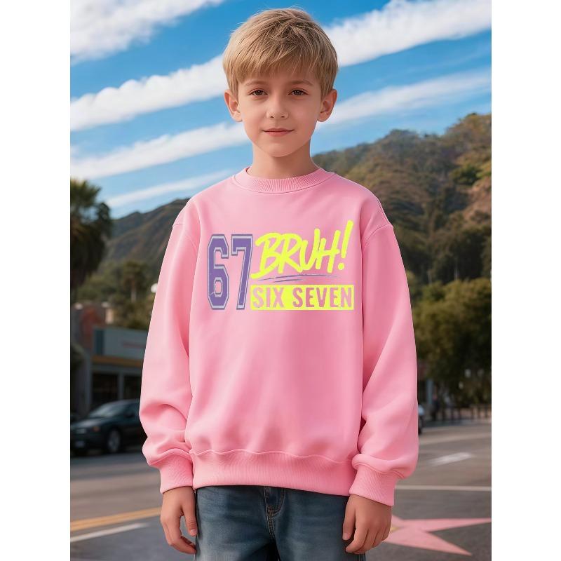 Kids Unisex Crewneck Sweatshirt, Retro 67 BRUH SIX SEVEN Letter Print Long Sleeve Pullover, Boys Girls Casual Sweatshirt For Kids Over 4 Years Old