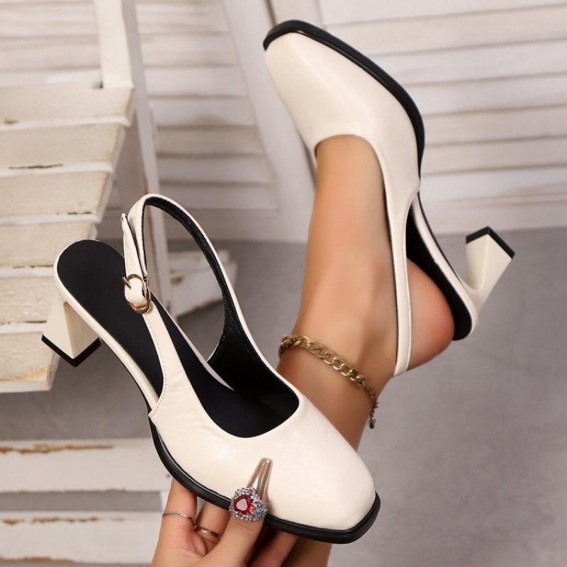 Fashion High Heels Women's Sandals Square Toe Buckle Pumps Fad Slingback Shoes 2025 Summer New Brand Chunky Shallow Zapatillas De Mujer