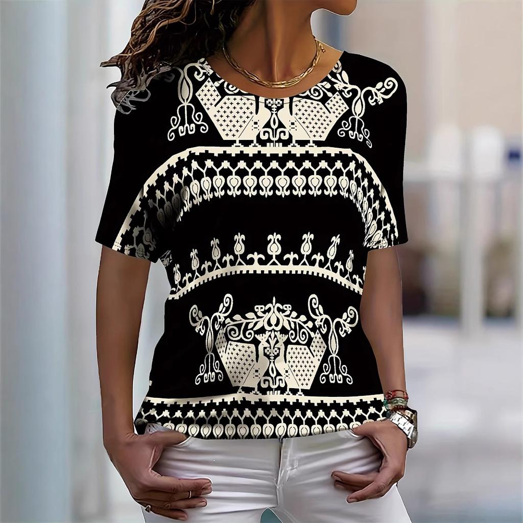 Summer Round Neck 3D Ethnic Style Print Top Fashionable Casual Short Sleeved Women's T-shirts