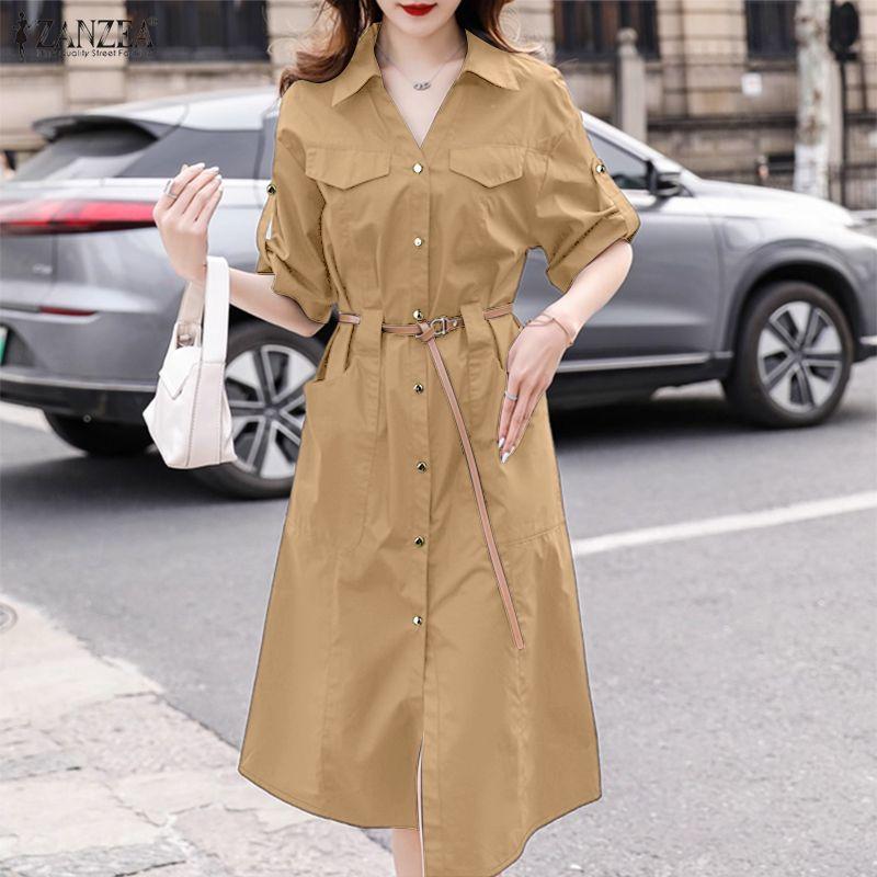 ZANZEA Damen Freizeit Umlegekragen Locker Halbarm Hemdkleid