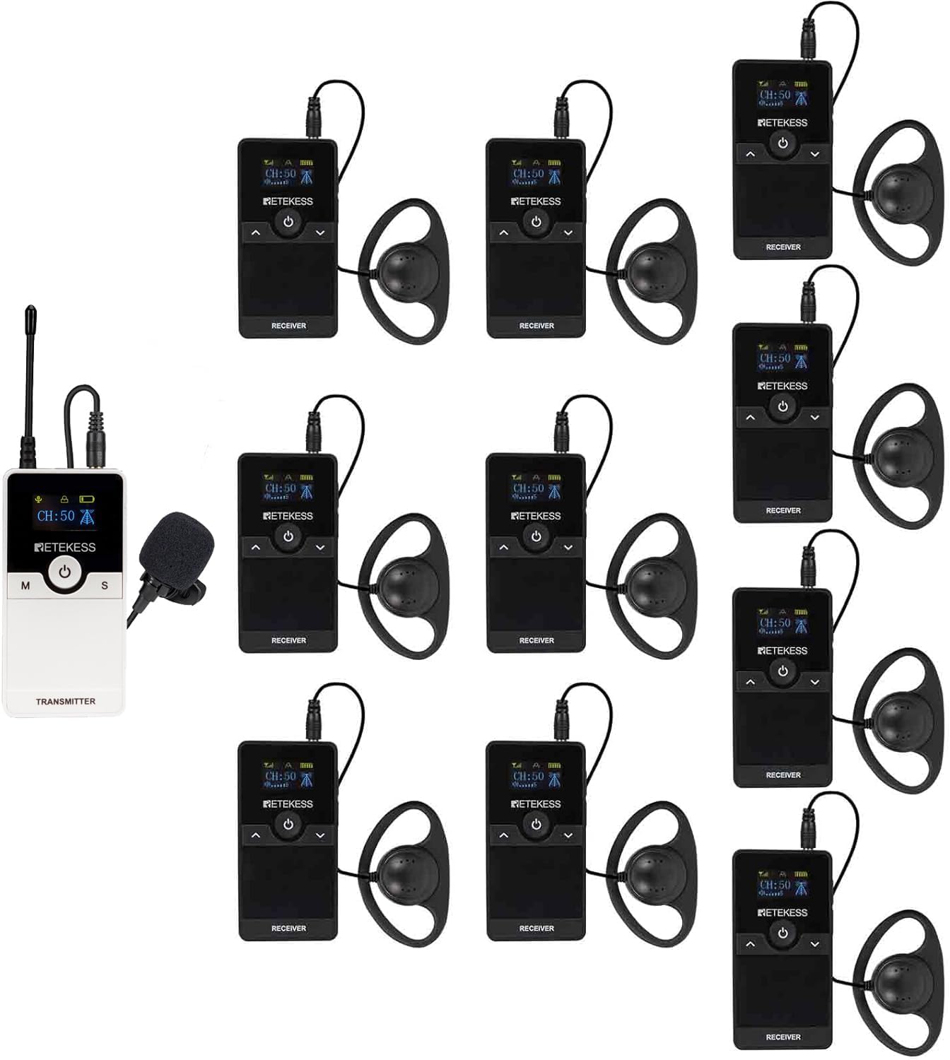 

Retekess TT116 Wireless Tour Guide System, 10-Piece Set (1 Host + 10 Handsets), Radio Law Compliant, Interchangeable Rechargeable Battery, Dedicated