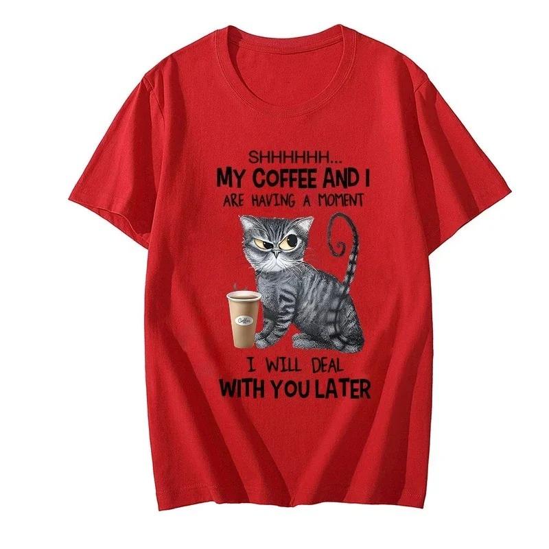 Coffee Cat Print Women Clothes Angry Cat Lover Female Tops Tee Tshirt Fashion Anime Cartoon Tees Ladies Graphic T-Shirt Y2k Tops