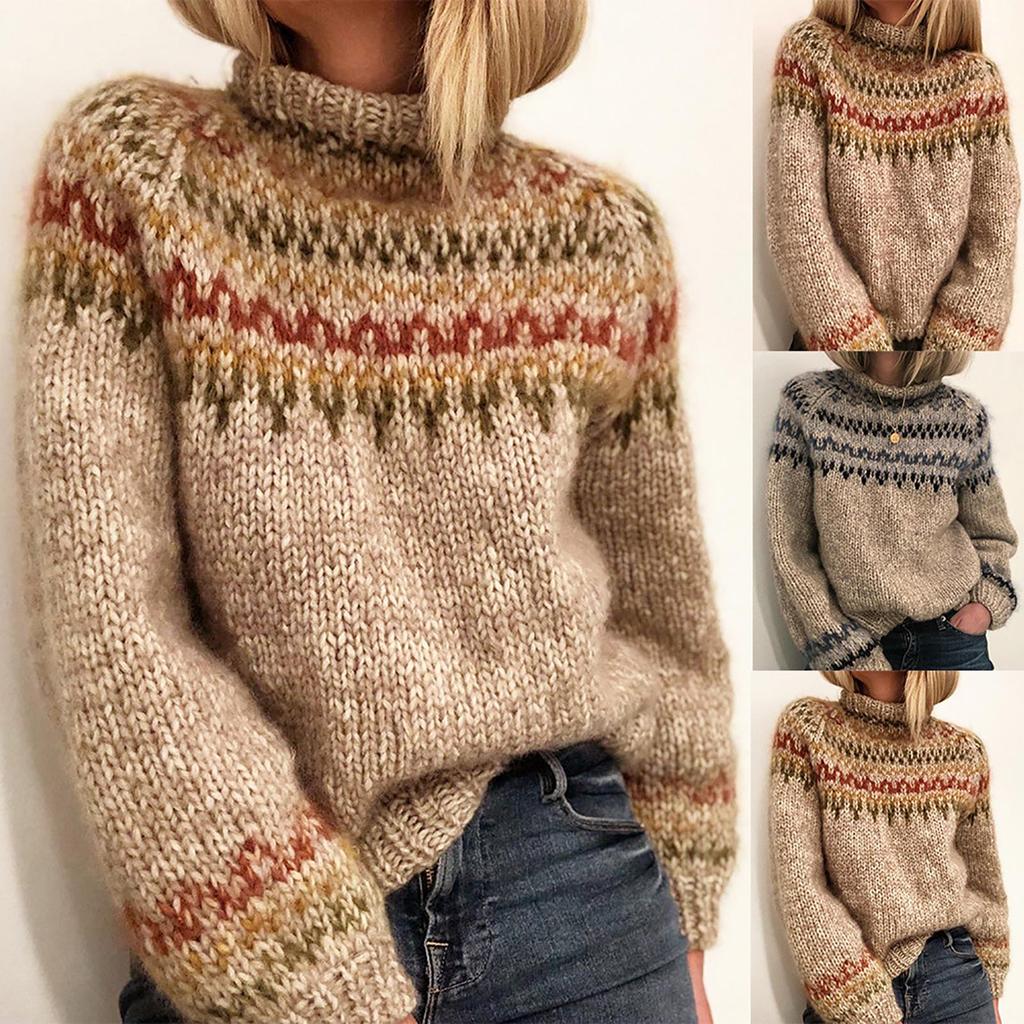 Color Stitching Pullover Wool Long Sleeve Loose Turtleneck Knit Sweater