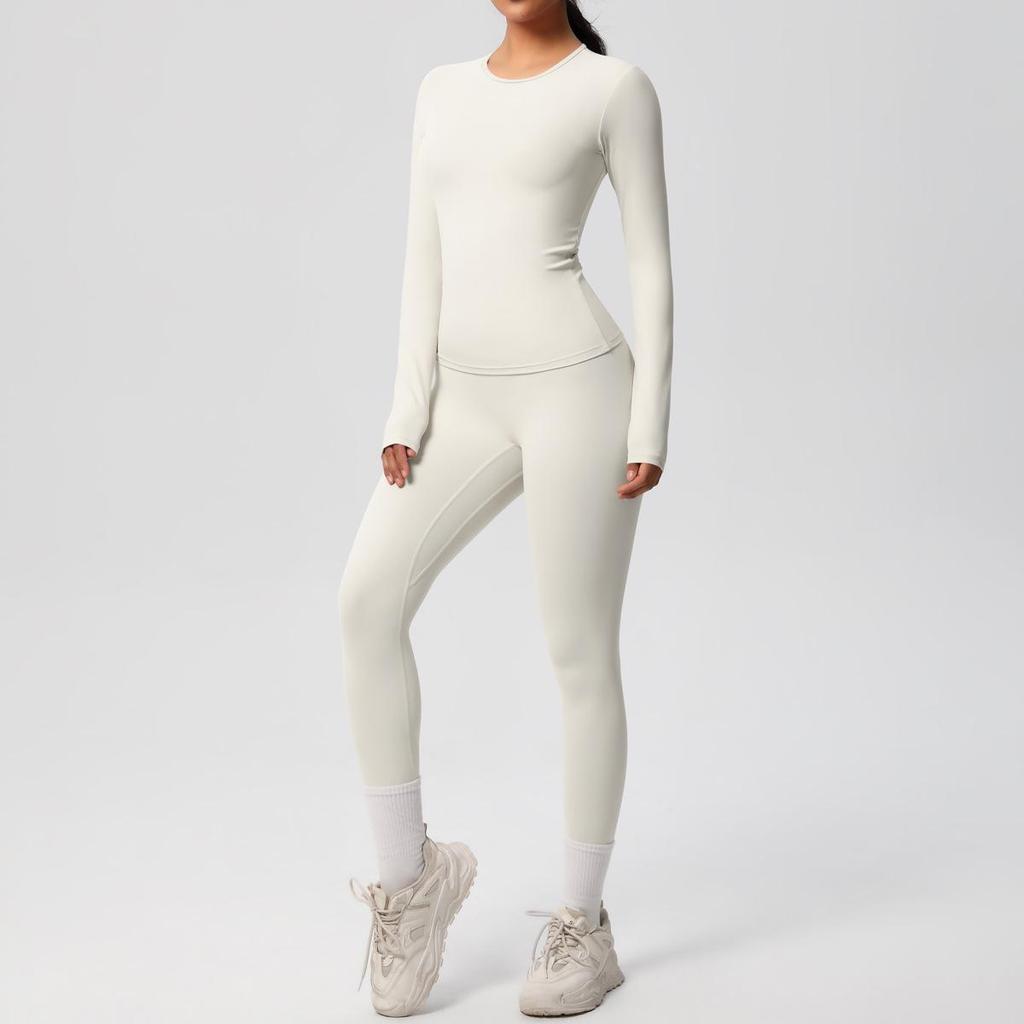 Dual-Sided Solid Color Long-Sleeve Yoga and Running Set - Two-Piece Fitness Outfit