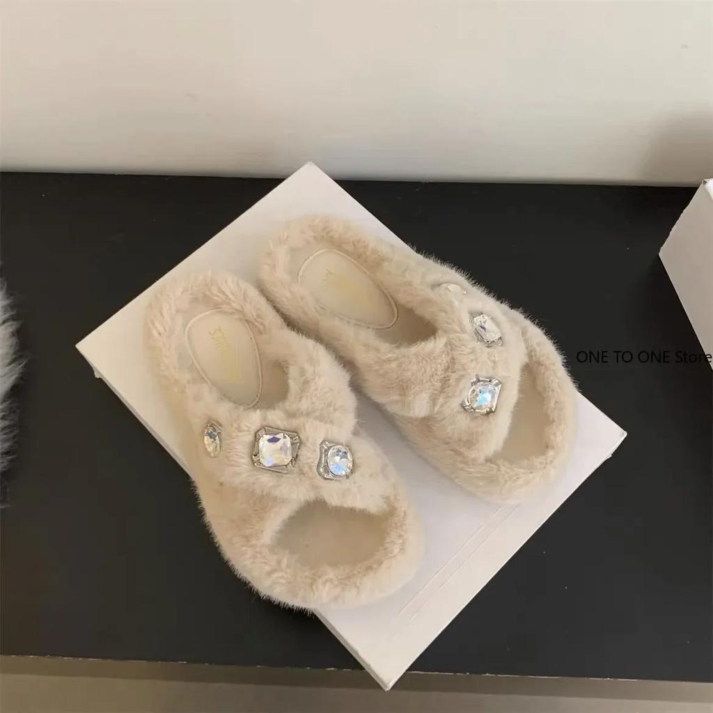 Fashion 2025 Home Woman's Slippers Slides Jelly Flip Flops Fur Sliders Fashion Platform 2024 Glitter Plush Luxury Crystal Glitter Slides
