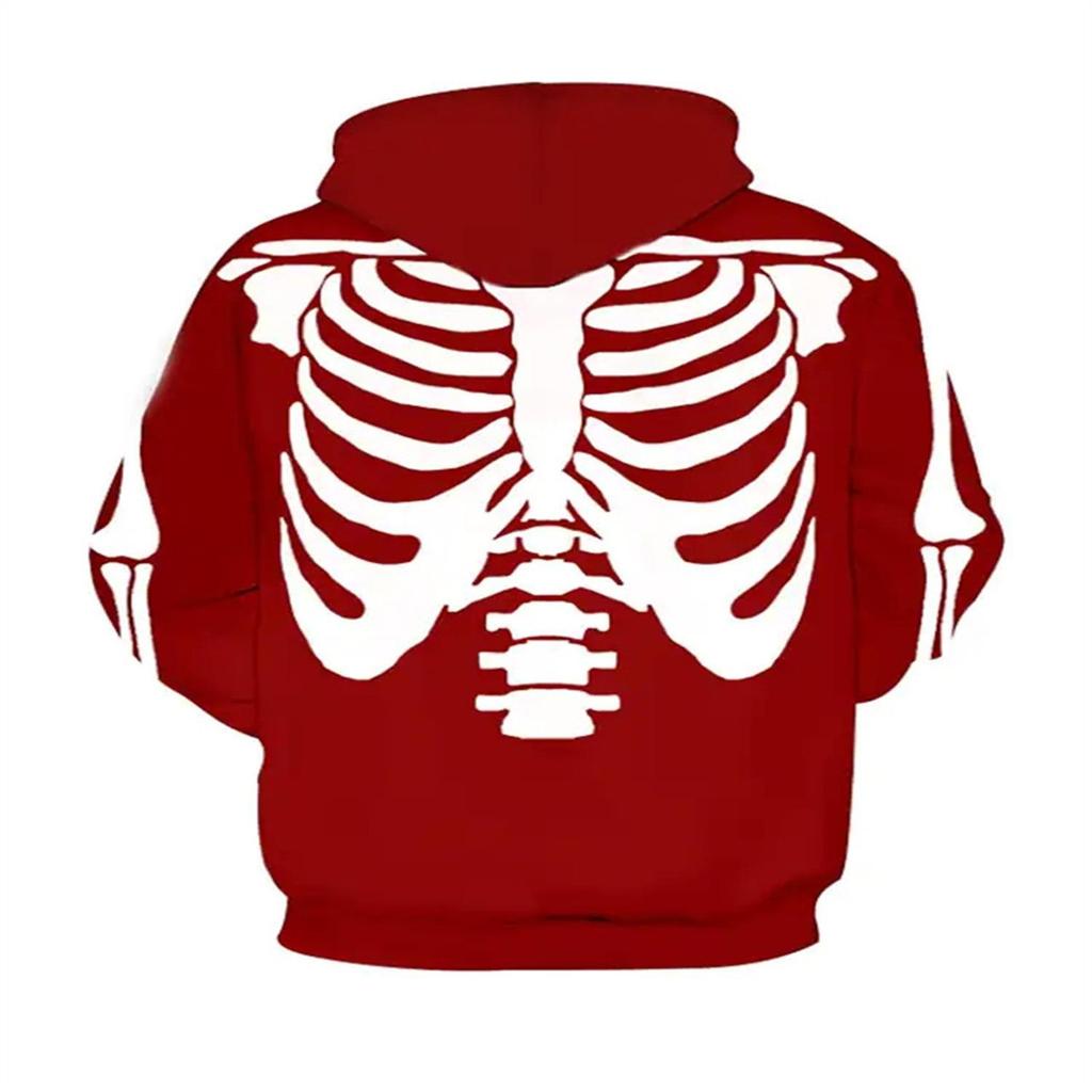Halloween Skeleton Ribcage Print Hoodie, 3D Skull Bone Graphic Pullover Hooded Sweatshirt for Party Costume