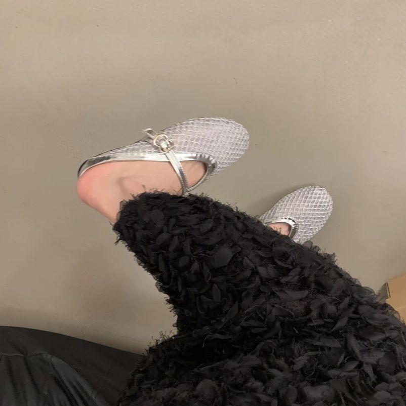 Fashion Bailamos Fashionable Mesh Women's Slipper Ballet Mary Jane Shoes Summer Walking Shoes Round Toe Buckle Flats Mujer
