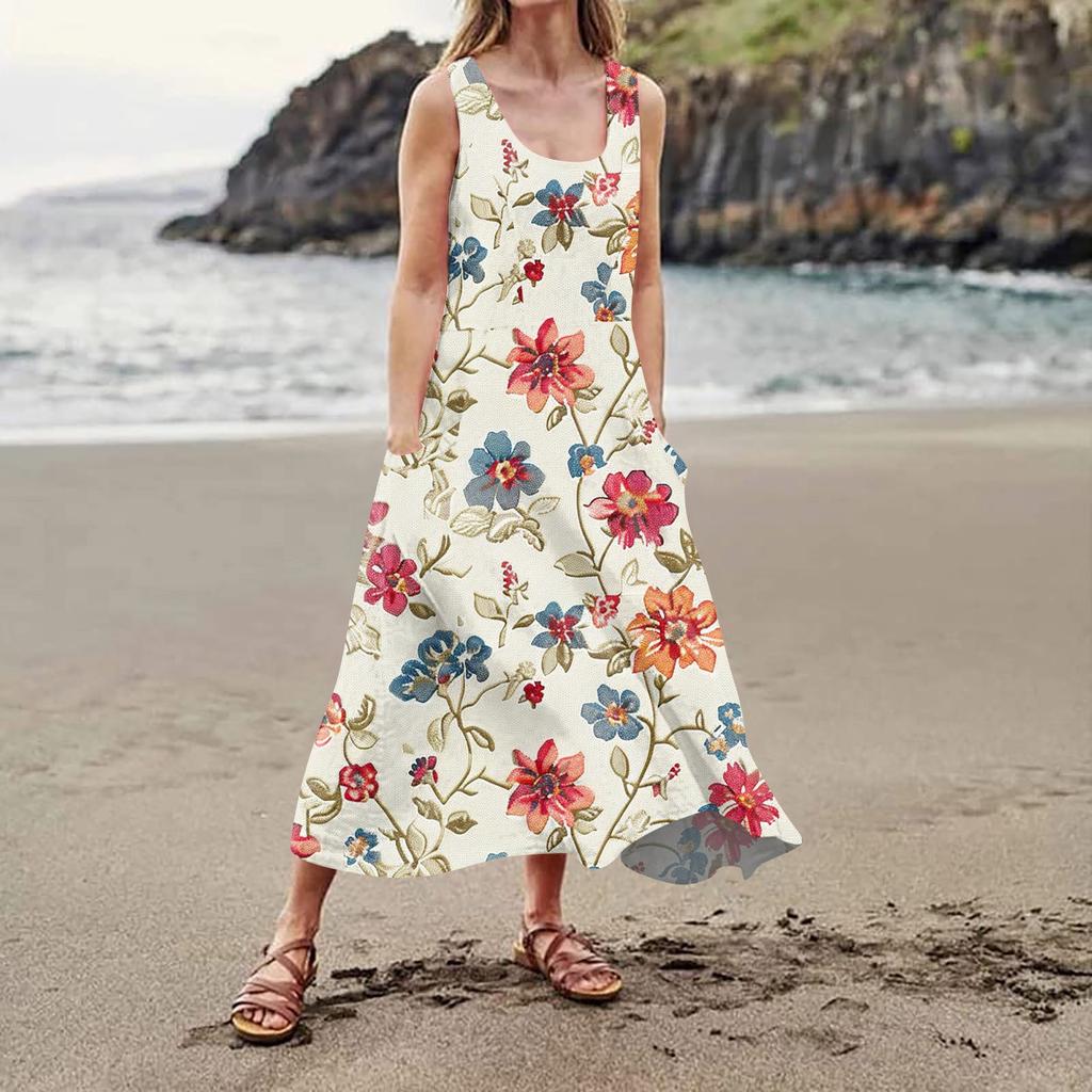 Lässiges, bequemes, ärmelloses Baumwolltaschenkleid mit Blumendruck für Damen