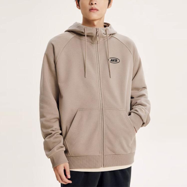 Anta Lifestyle Series Solid Color Zipper Long Sleeve Hoodie Unisex Hoodies Linen-Gray 972338720-6
