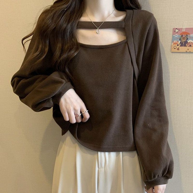 

Женский однотонный модный топ с квадратным вырезом на подкладке и бархатным низом в немецком стиле 3XL кофейный