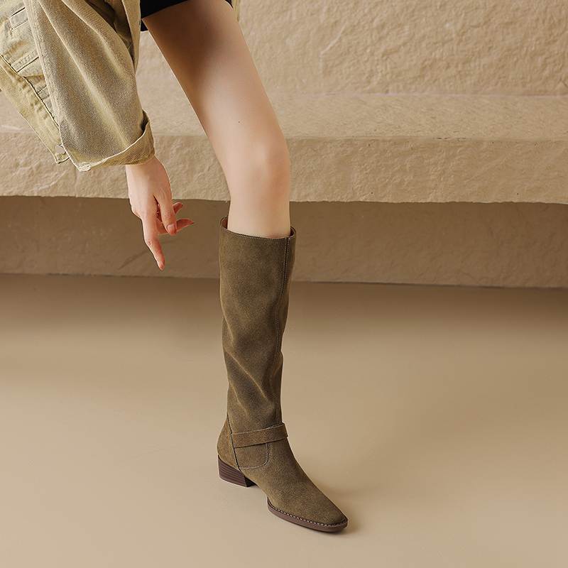 Krazing Pot Cow Suede Autumn Winter Shoes Round Toe Metal Buckle Big Size 42 Thick Med Heels Slip On Western Boots Women Knee Boots