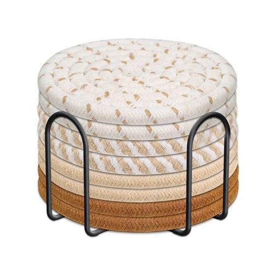 Yousheng 8Pcs Cotton Woven Coasters for Drinks, Absorbent Coasters Set with Holder, Wear-Resistant Insulating Heat-Resistant Coasters for Cups Teapots