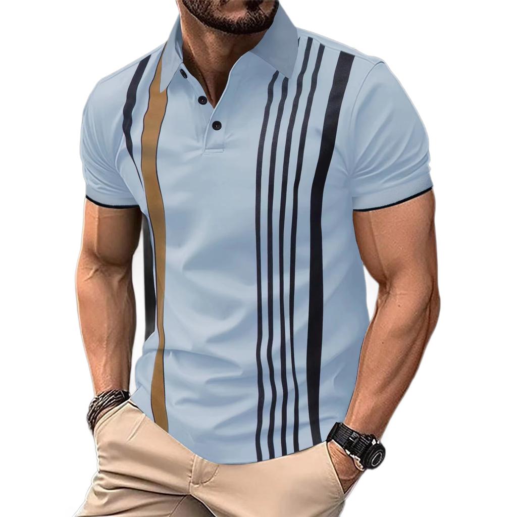 Men's Summer Fashion Striped Short Sleeve T-Shirt Lapel Button Top