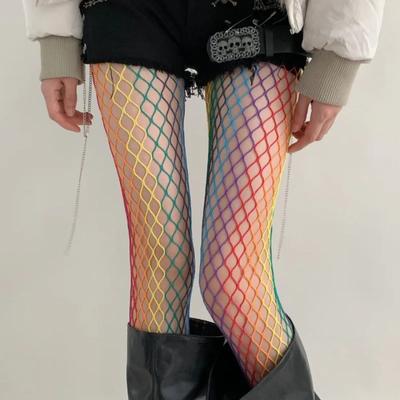 Women'S Summer Thin Y2K Subculture Spicy Girls Pantyhose Sweet Cool Dopamine Rainbow Color Mesh Tights Jk Goth Fishnet Stockings