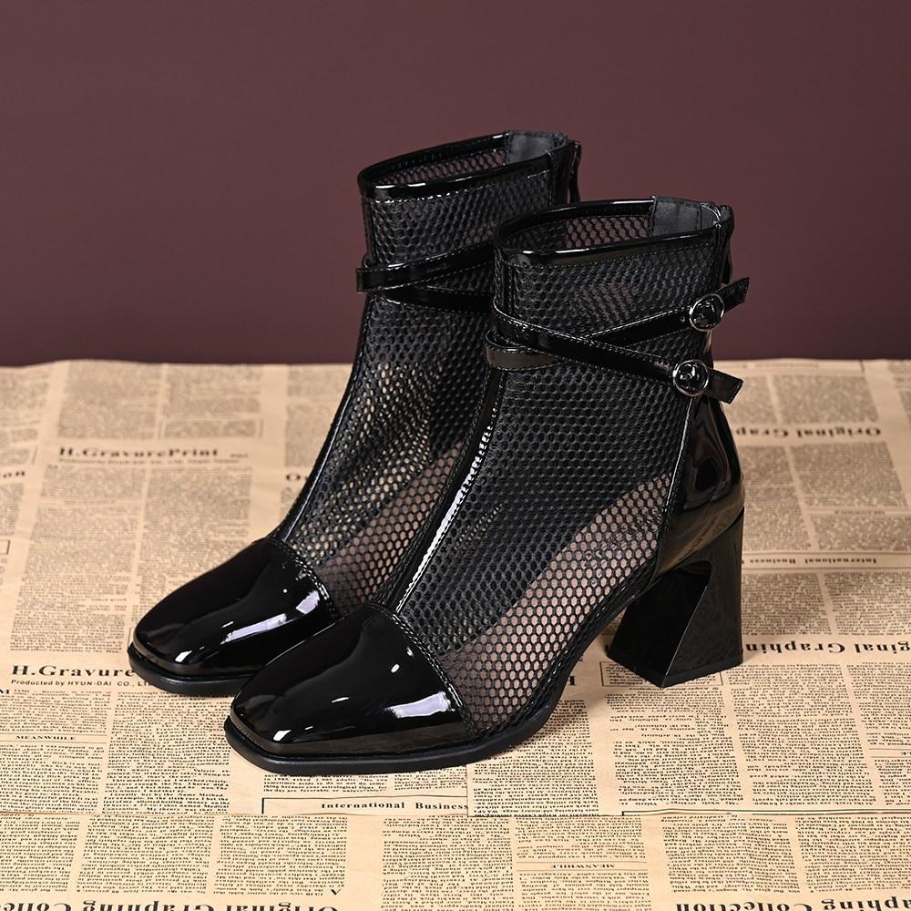 Summer New Women Mesh Boots Breathable Hollow Out Ankle Boots Leather Mid Block Heel Fashion Square Toe Sandal Booties