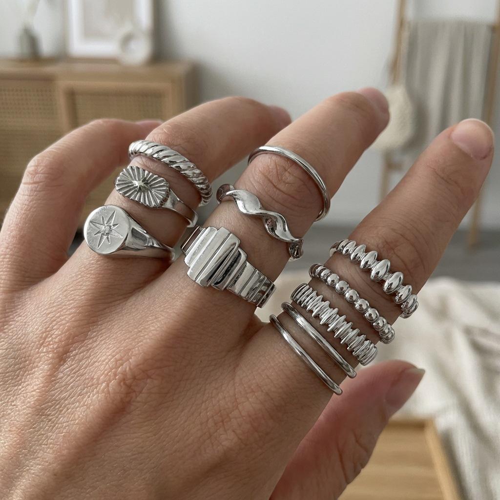 European and American Trendy 16-Piece Geometric Adjustable Ring Set