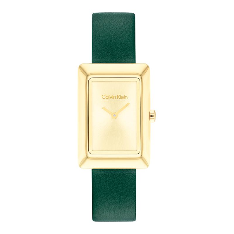 Calvin Klein Elegance Series Watch Quartz Movement Leather Strap 22.5Mm Gold Dial Women watches 25200397 Green