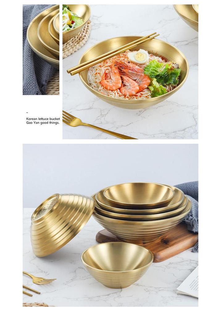 304 Stainless Steel Double Layer Heat-Insulated Ramen and Soup Bowl - Large Gold Noodle Mixing Bowl