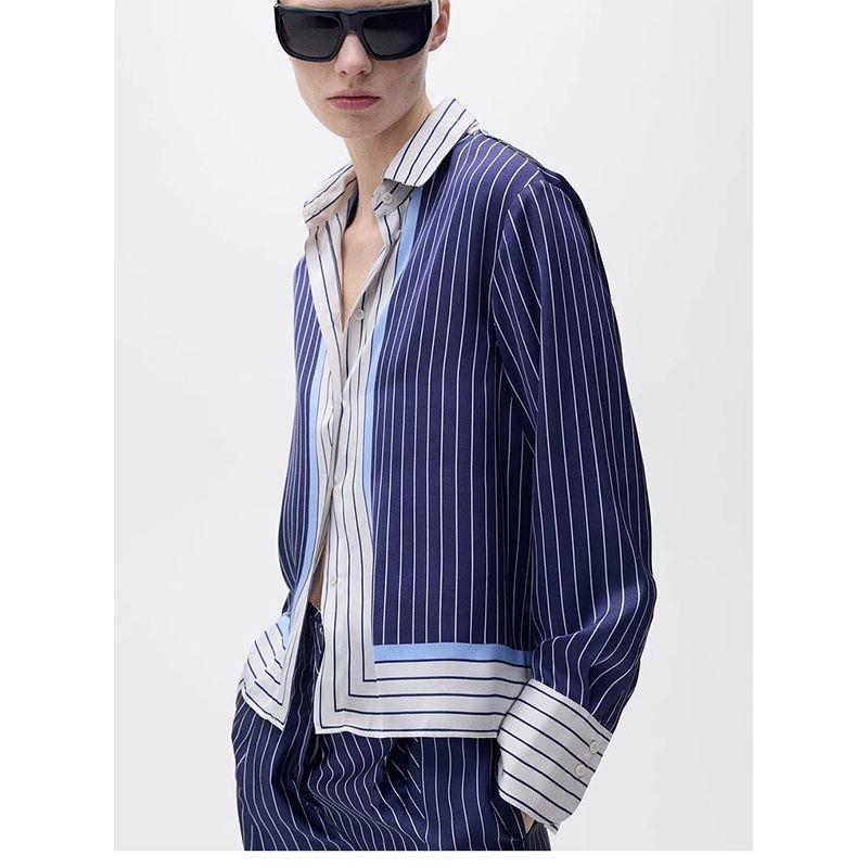 Stripes Print Satin Textured Straight-leg Shirt 87067193 Stripes Contrast Color Casual Pants 87087193