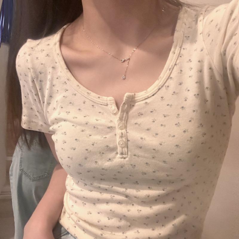 Summer new u-neck floral short-sleeved front-shoulder short top for women, slim and thin, small and fresh t-shirt for women