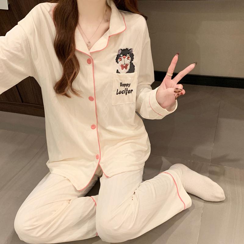 Lucifer Cat Imitation Cotton Pajamas Women's Spring New Long-sleeved Suit Loose Student Loungewear Thin