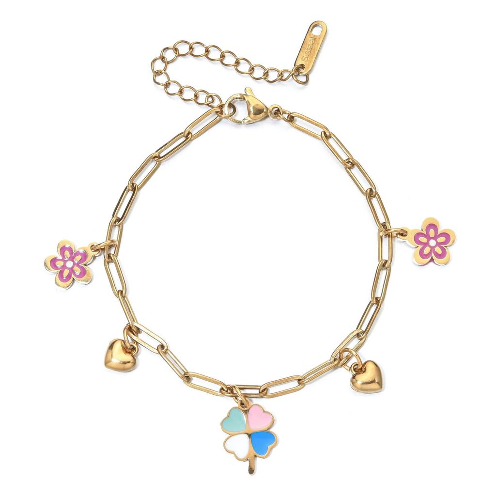 Women's Luxury Drip Oil Flower & Heart Pendant Stainless Steel Bracelet