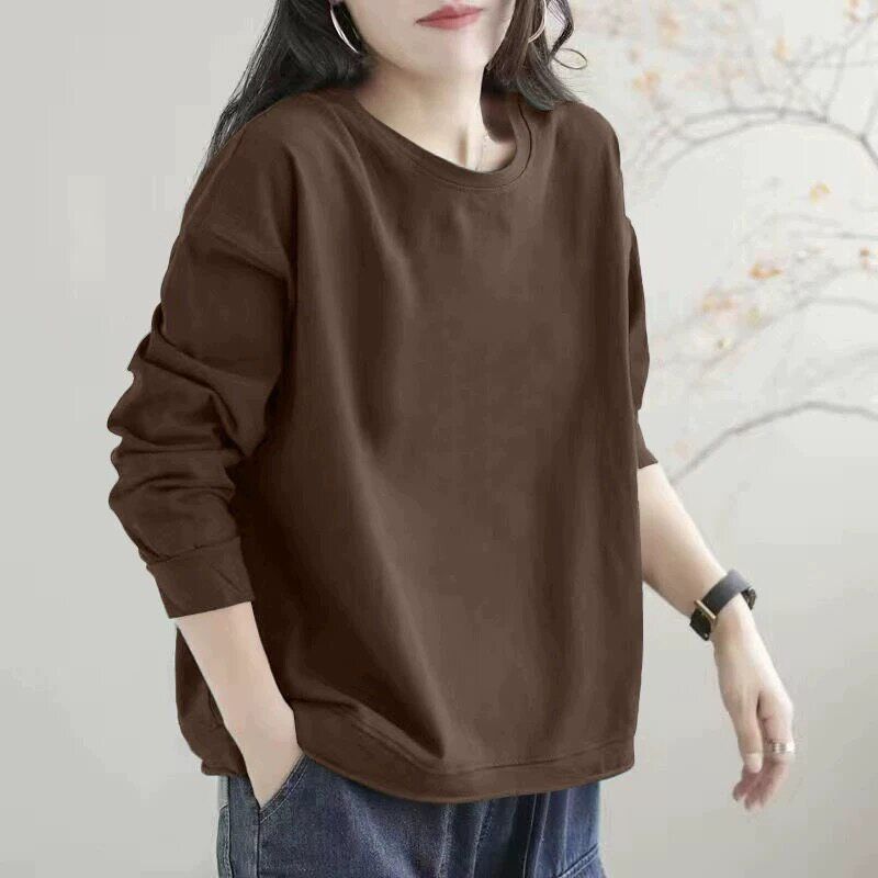 

Brand Women clothes Cut the Tag off Spring and Autumn Plus size Inner wear Print Pure Cotton Long sleeve Age-Reducing Versatile Casual Hoodie Women Brown [Solid Color] XL