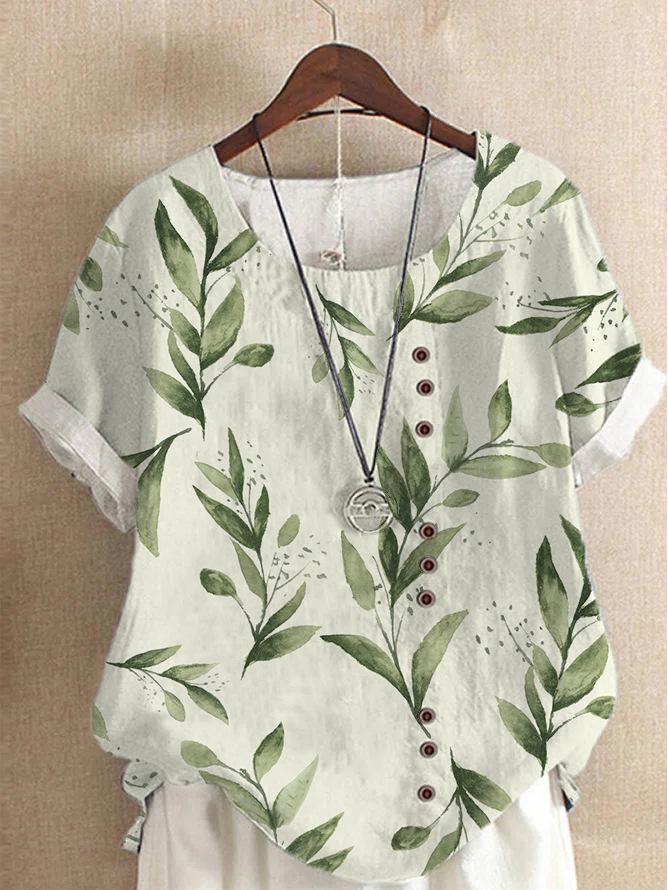 Women's 2026 Summer Retro Faux Cotton Linen Print Loose Casual Short Sleeve T-Shirt