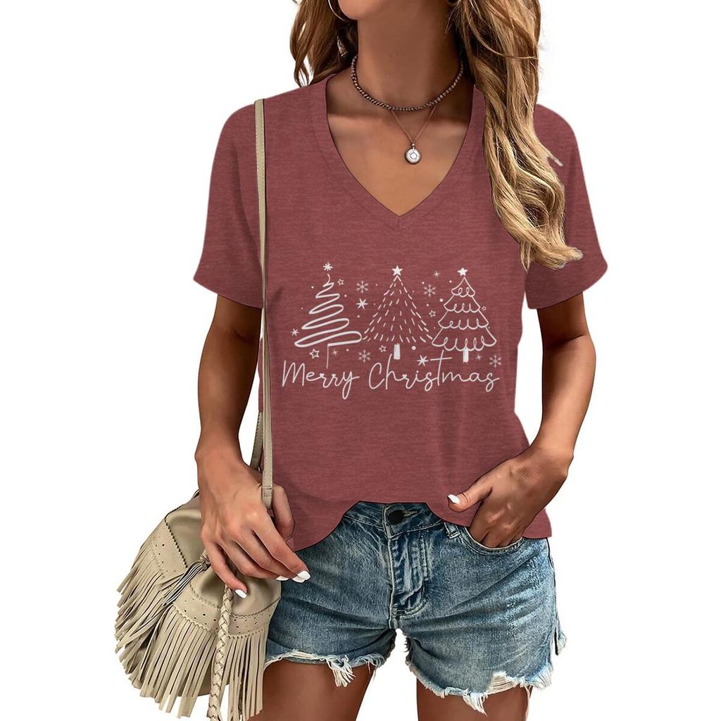 Merry Christmas Tree Trending Tshirts for Women Vneck Christmas Tree Design Holiday Clothes Funny Festive Fashion Casual Tops