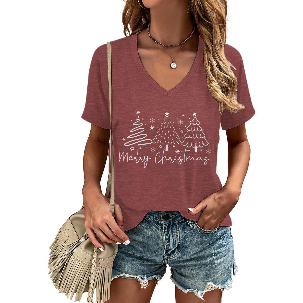 

Merry Christmas Tree Trending Tshirts for Women Vneck Christmas Tree Design Holiday Clothes Funny Festive Fashion Casual Tops S