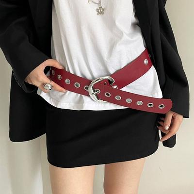 Double-Row Hole Women Wide Belt Vintage Punk Style Belt Retro Leather Waistband  Girls