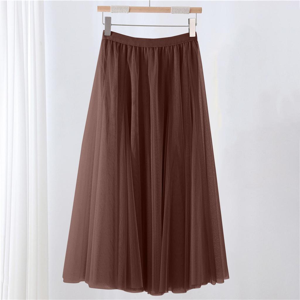 Women's Solid Color Mesh Skirt With Elastic Band Large Swing Mid Length Skirt