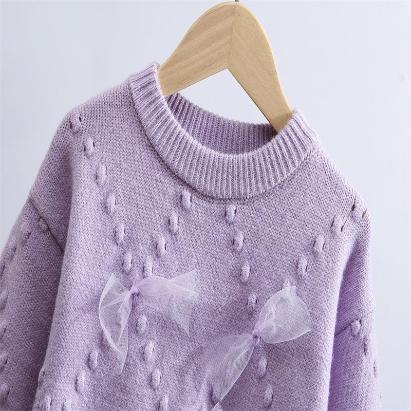 Girls' Fleece-Lined Wool Sweater - Autumn/Winter Knit with Bow, Fashionable Street Style