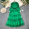 Court Style Elegant Dresses for Women Crochet Lace Hollow Out O-neck Lantern Sleeve Female Vestidos A-line Belted Dress Dropship