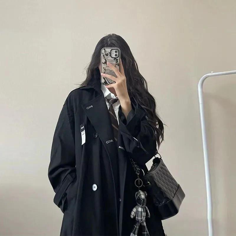 Women's Elegant Black Mid-Length Trench Coat - 2025 Autumn Korean Style for Students