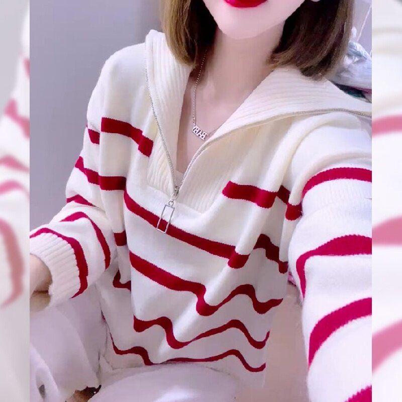 

Red and White Striped Half-Zip Loose Slimming Knit Sweater for Women, 2026 Autumn New Style, Plus Size, Fashionable Long-Sleeve Image color M