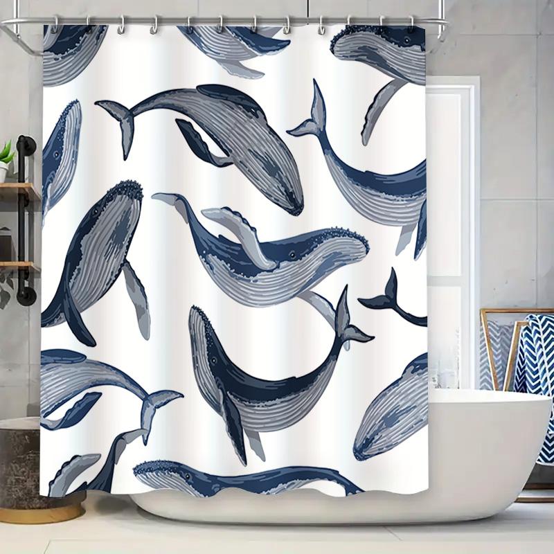 

Blue Whale Pattern Shower Curtain Navy Blue Bath Decor Printed Fabric For Bathroom Shower Modern Design With Marine Life Motif W60H190(CM)-1 Pcs