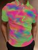 Men's Neon Gradient Short-Sleeve Polo Shirt - Full-Body Lapel Button-Up Collar, Minimalist Summer Beach Shirt with Flip Collar, Machine Washable